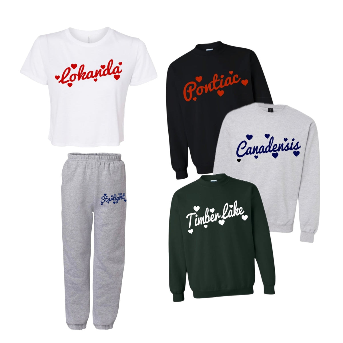 Floating Hearts Camp Set: cropped tee, crewneck and sweatpants with script camp name and hearts