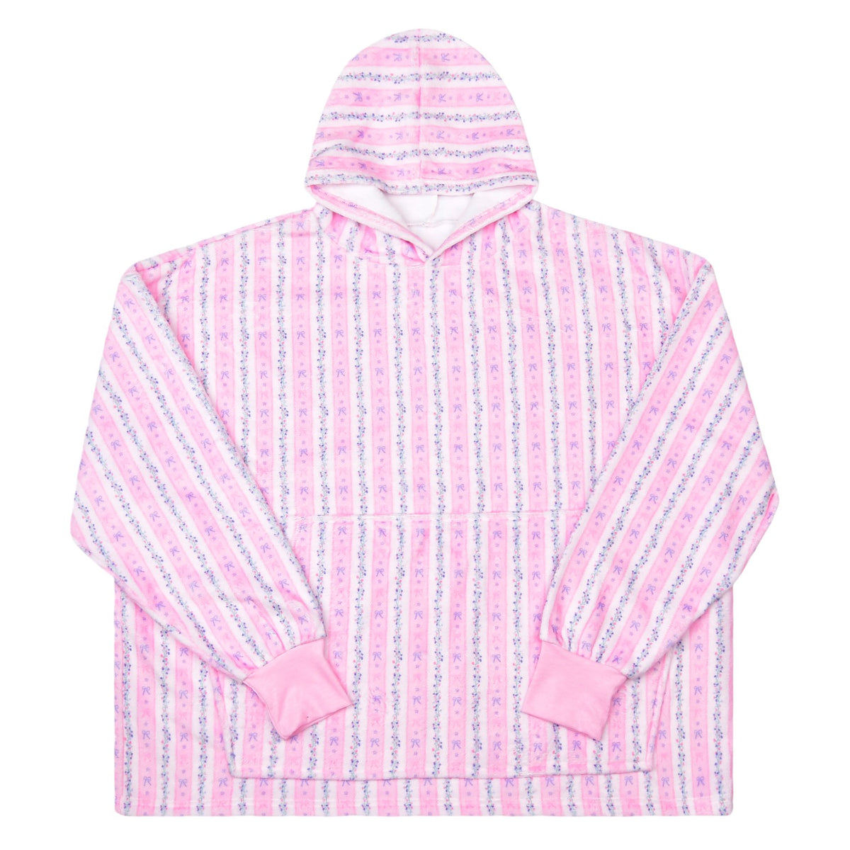 Floral Stripes cozy hoodie in pink and white stripes with tiny bows and flowers