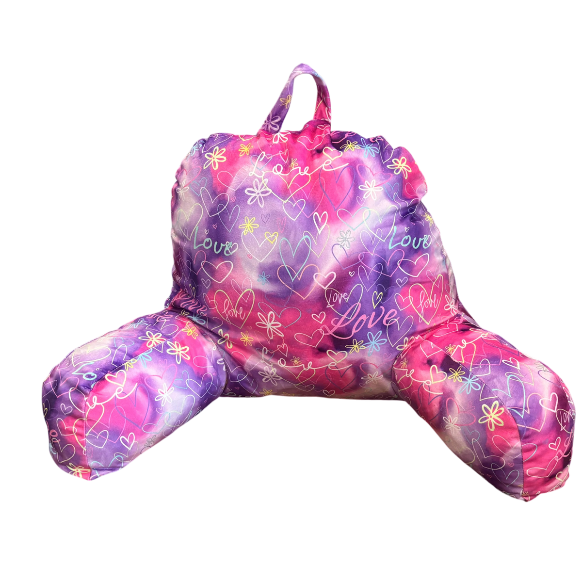 Camp boyfriend pillow in pink and purple with Love script, hearts and flowers