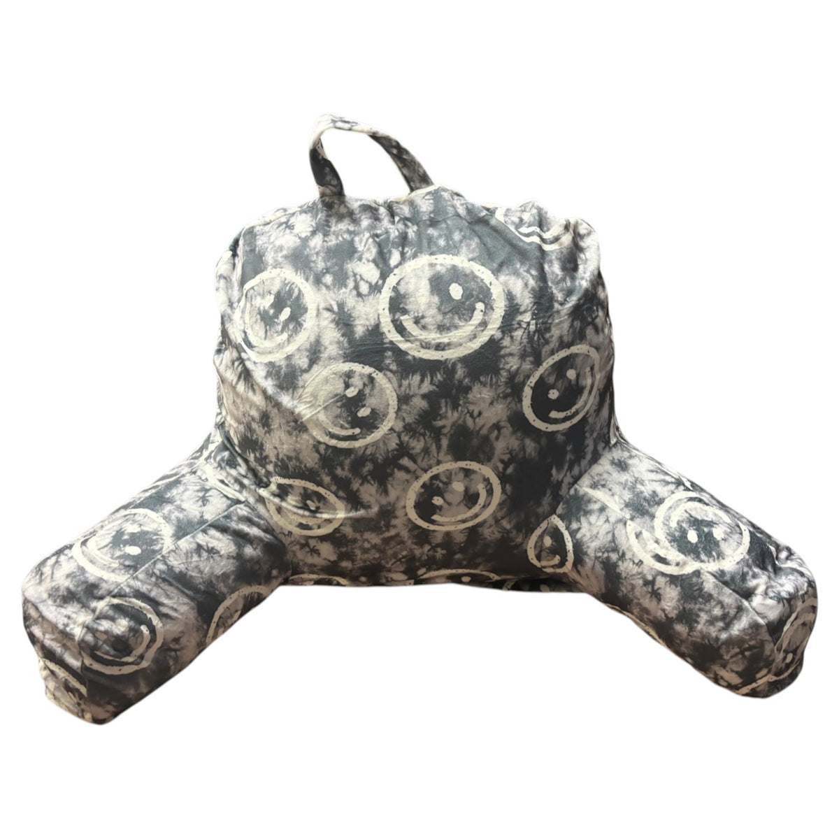 Camp boyfriend pillow in gray tie-dye with white smiley faces