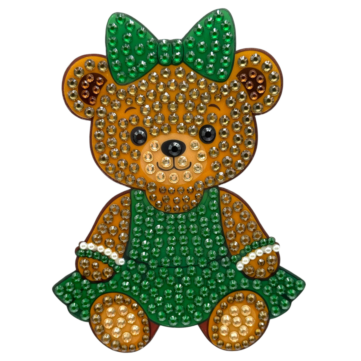Green Cheer Bear StickerBean 5 inch with sparkly rhinestones on orange bear wearing green bow and green dress outfit