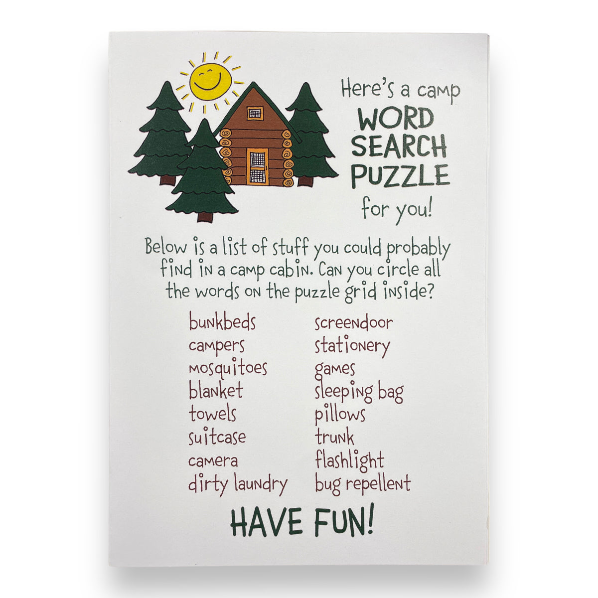 Cabin Word Search Camp Card - Bee Bee Designs
