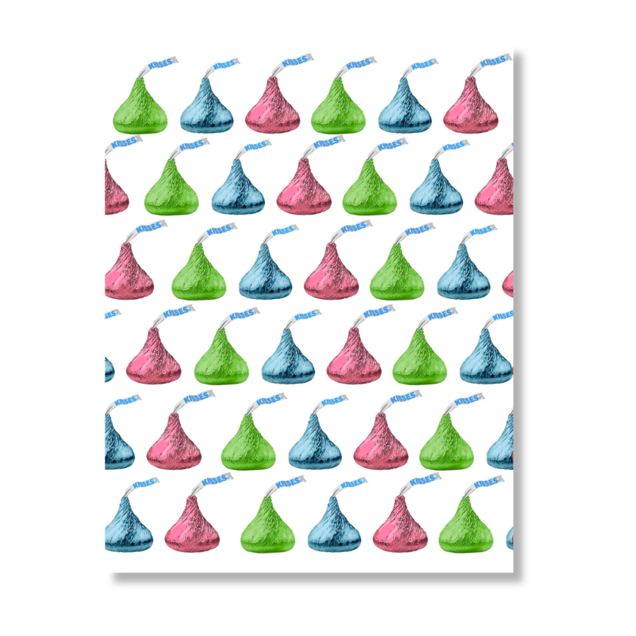 Hershey Kisses Camp Card featuring colorful foil-wrapped Hershey's Kisses in pink, green, and blue on white background with blue Kisses flag logo