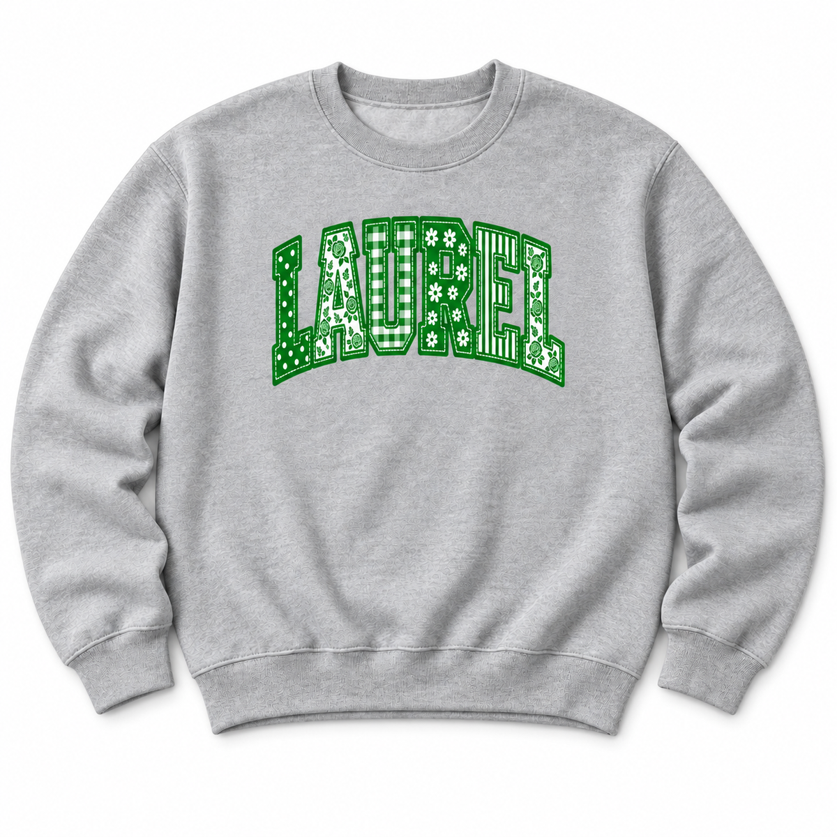 Gray Coquette Letters sweatshirt with LAUREL in green and white patchwork varsity letters