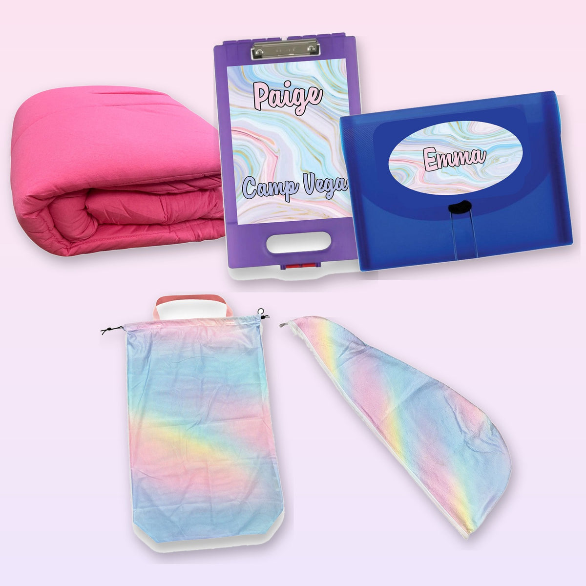 The marble and denim camp bundle: jersey comforter, marble clipboard, marble 7-pocket file, pastel laundry bag and matching hair wrap.