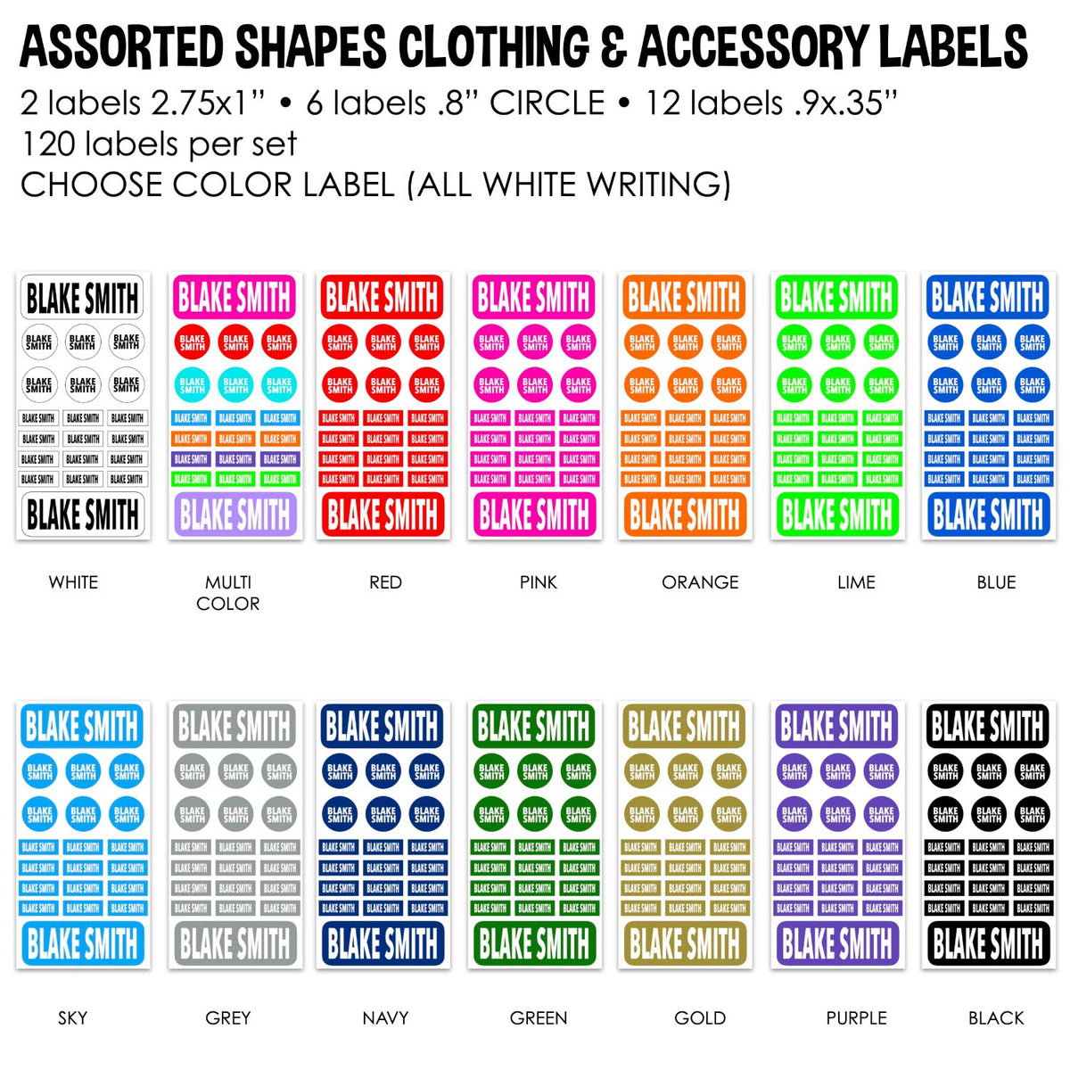Assorted shapes clothing and accessory labels, 120 per set, 14 colors