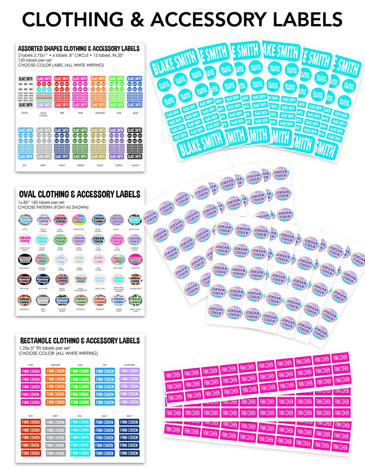 Camp clothing and accessory labels: assorted shapes, oval and rectangle name labels