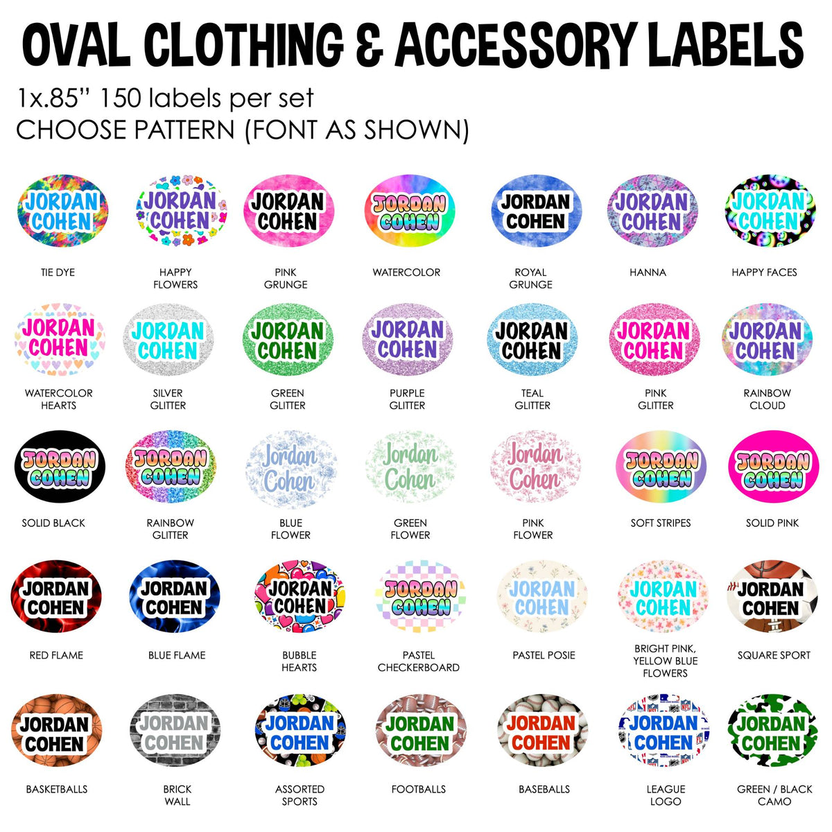 Oval clothing and accessory labels, 150 per set, 35 patterns