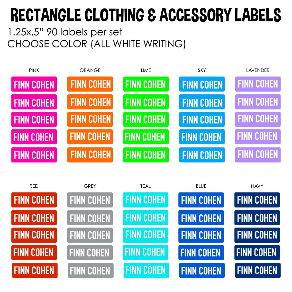 Rectangle clothing and accessory labels, 90 per set, 10 colors