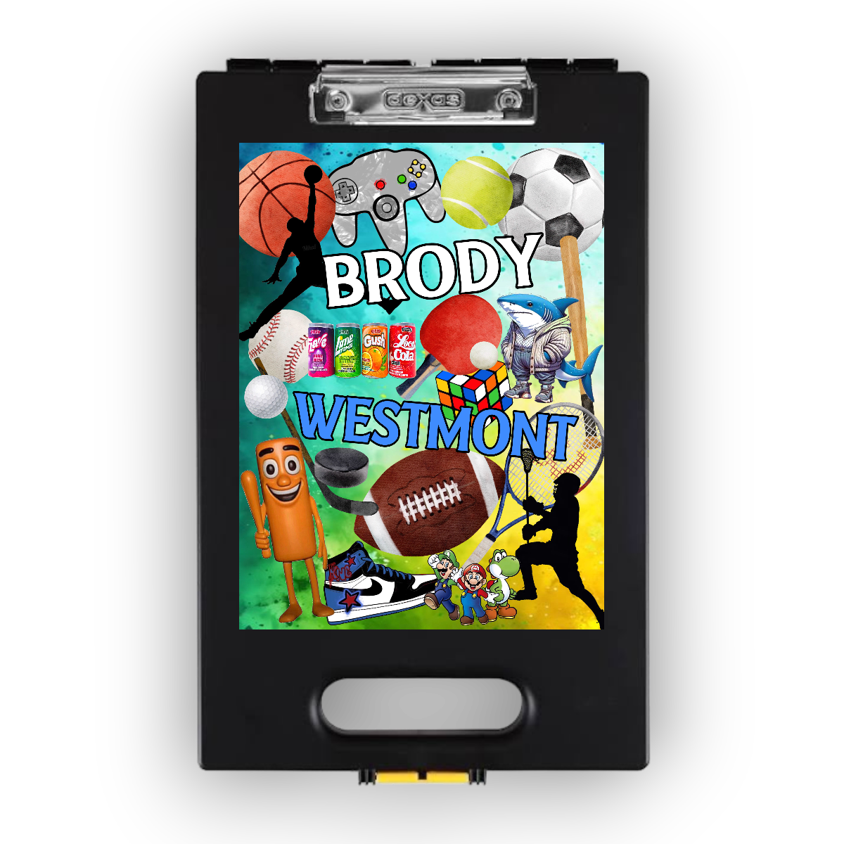 Mash Up Camp Clipboard featuring colorful collage of sports balls including basketball, soccer ball, tennis ball, football, baseball, gaming controller, Rubik's cube, Mario and Luigi characters, Nike sneakers, and various fun graphics on turquoise and yellow gradient background