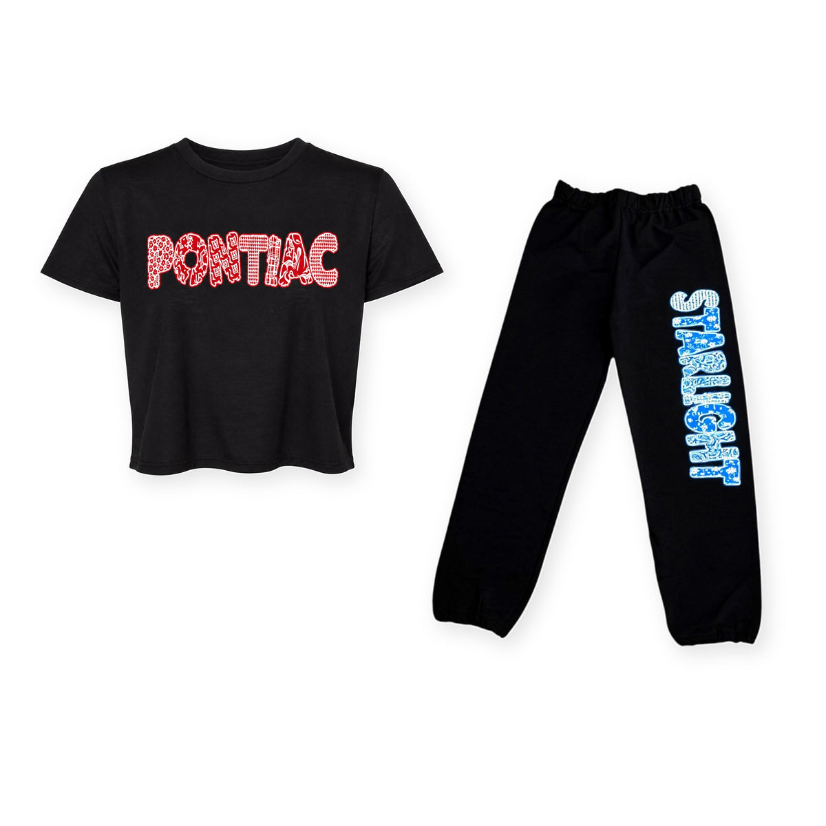 Patchy Letters Camp Set: cropped tee and sweatpants with patchwork camp name letters