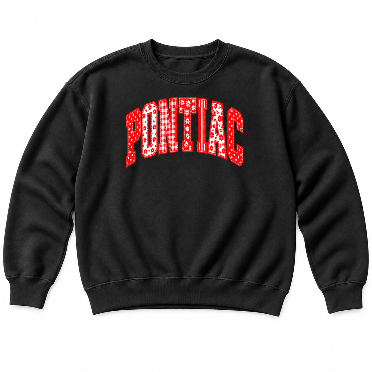 Black Coquette Letters sweatshirt with PONTIAC in red and white patchwork varsity letters