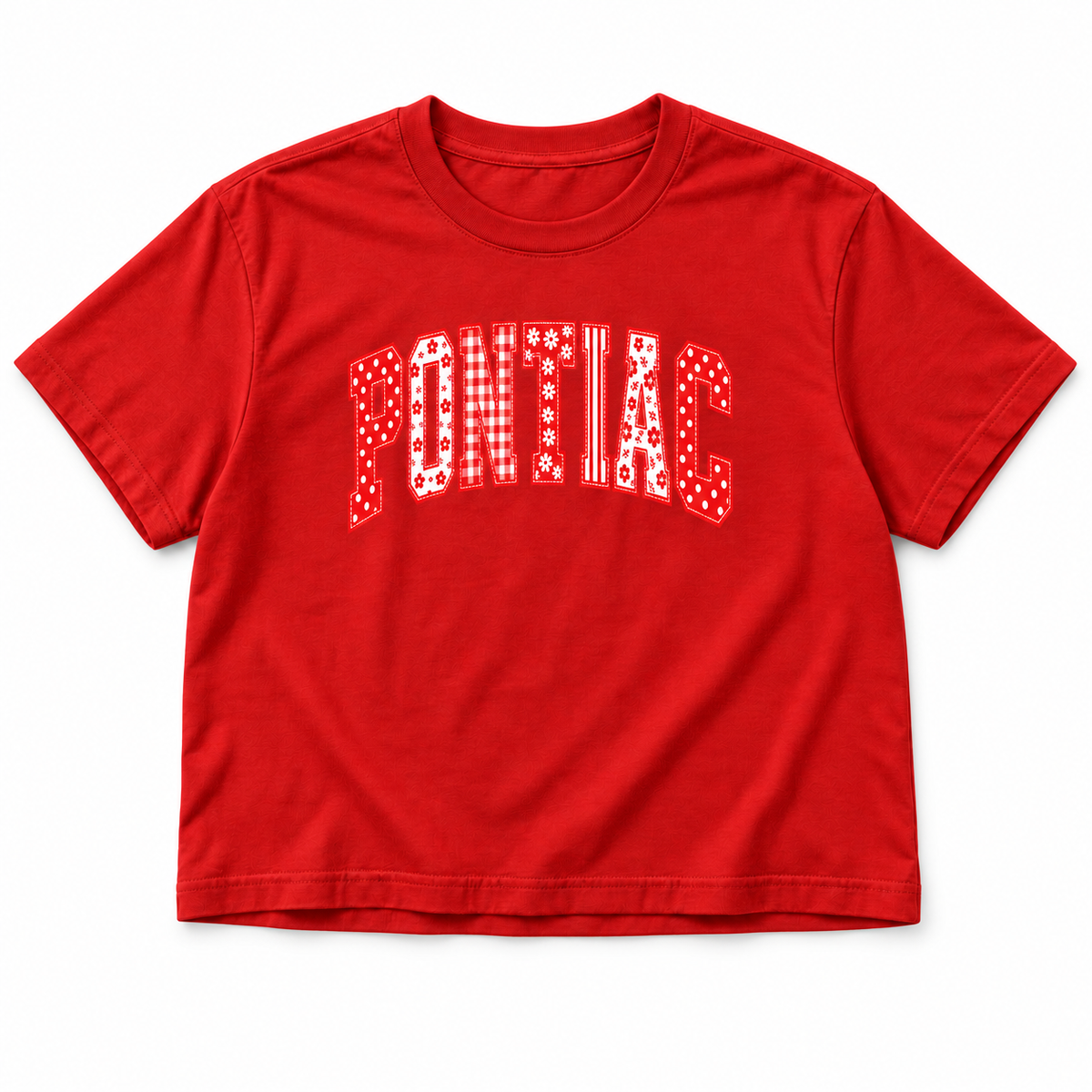 Slightly cropped red Coquette Letters Tee with PONTIAC in red and white patchwork varsity letters