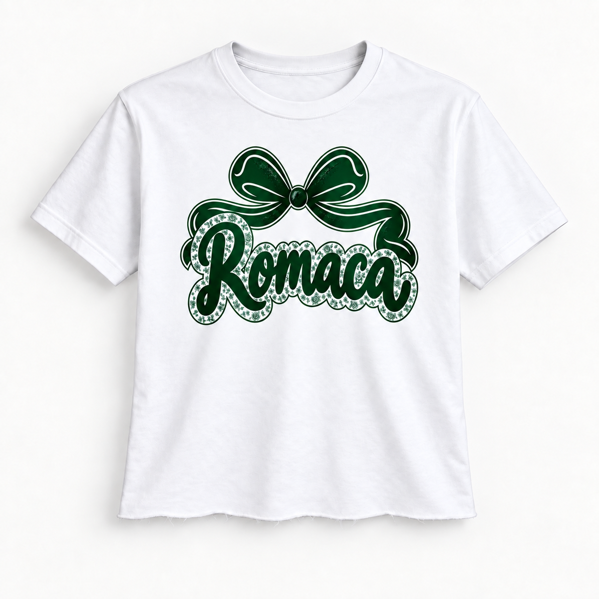Script Toile Bow Camp Tee - white tee with camp name in green script under a green bow