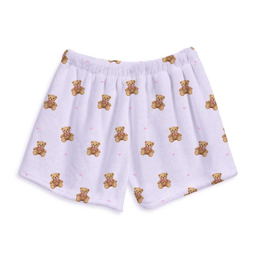 Lavender fuzzy shorts with all-over brown teddy bear print holding pink bows and scattered pink hearts