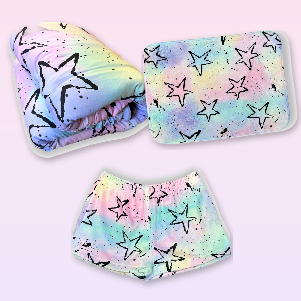 The splatter stars camp bundle: reversible comforter, matching bunk mat and fuzzy shorts.