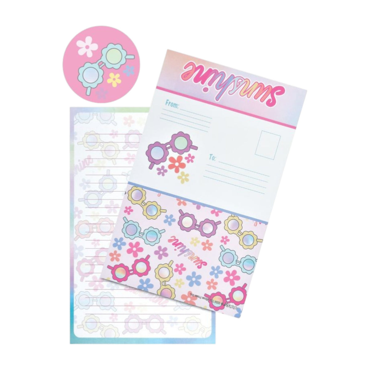 Spring Sunnies foldover cards with flower-shaped sunglasses and the word sunshine, with round stickers