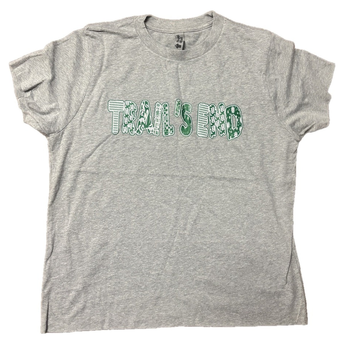 Patchy Letters Camp Tee personalized with Trail's End in green patchwork letters