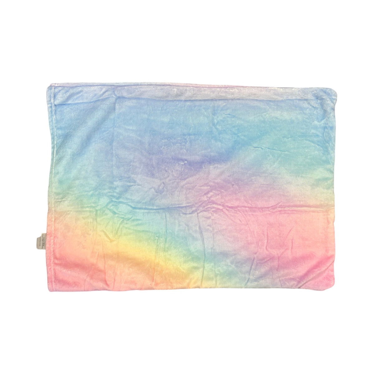 Pastel Dreams fuzzy pillowcase in soft rainbow tie-dye with blue, pink, yellow, and green ombre colors on plush fabric