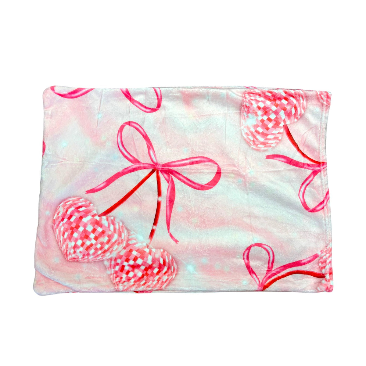 Disco Cherries fuzzy pillowcase with pink and white checkered hearts and red ribbon bows on soft plush fabric
