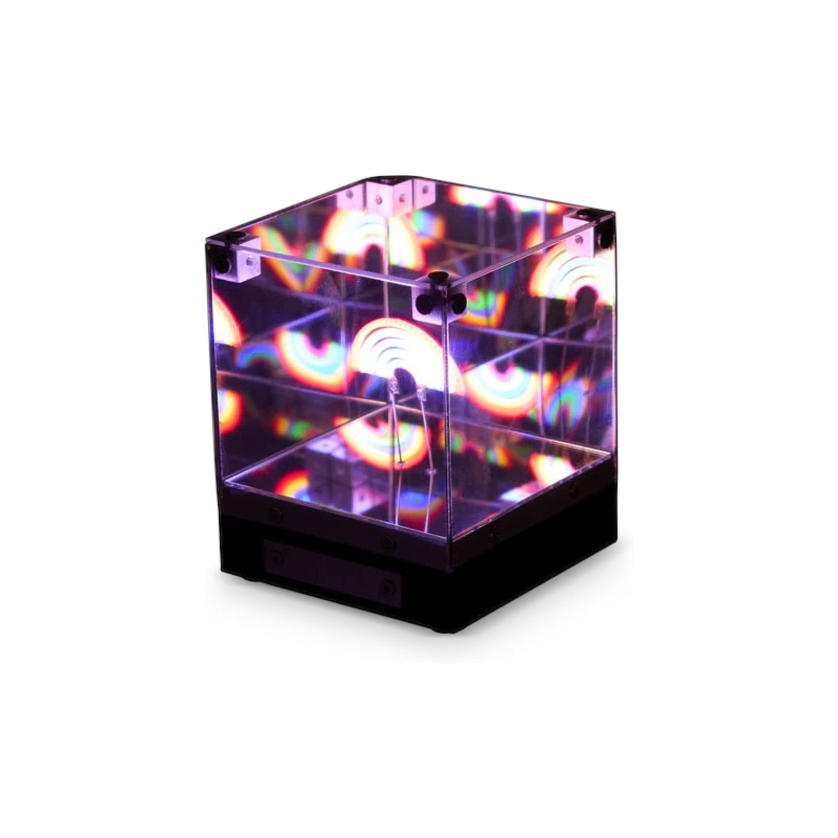 LED 3D Mirror Cube with rainbow colored infinity mirror effect showing purple, orange, and multicolor swirling patterns inside clear acrylic cube on black base