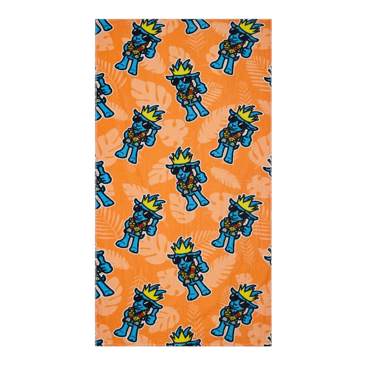 Thumbs Up GOAT cotton camp towel with blue thumbs up pattern on white background, oversized beach and pool towel for sleepaway camp