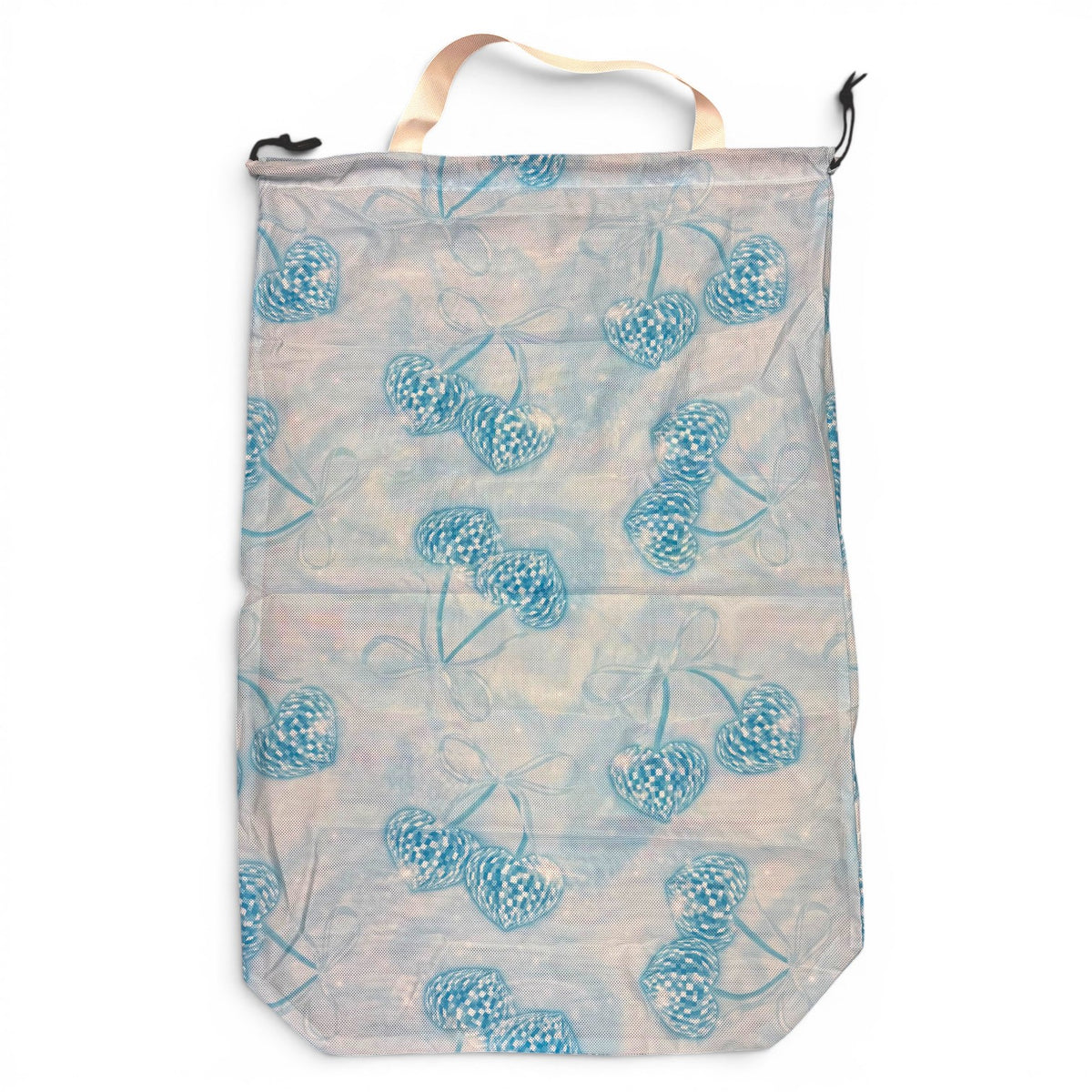 Denim and Diamonds mesh laundry bag in light blue with white printed denim pattern and blue diamond details, featuring beige carrying handles and drawstring top
