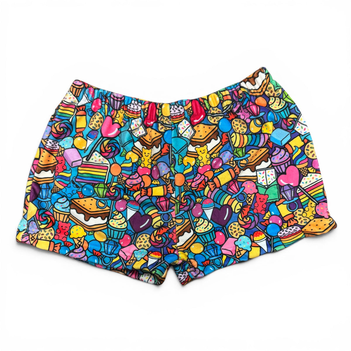 Tootsie Roll Fuzzy Shorts with colorful candy print featuring cupcakes, lollipops, gummy bears, cookies and sweets on ultra-soft fabric