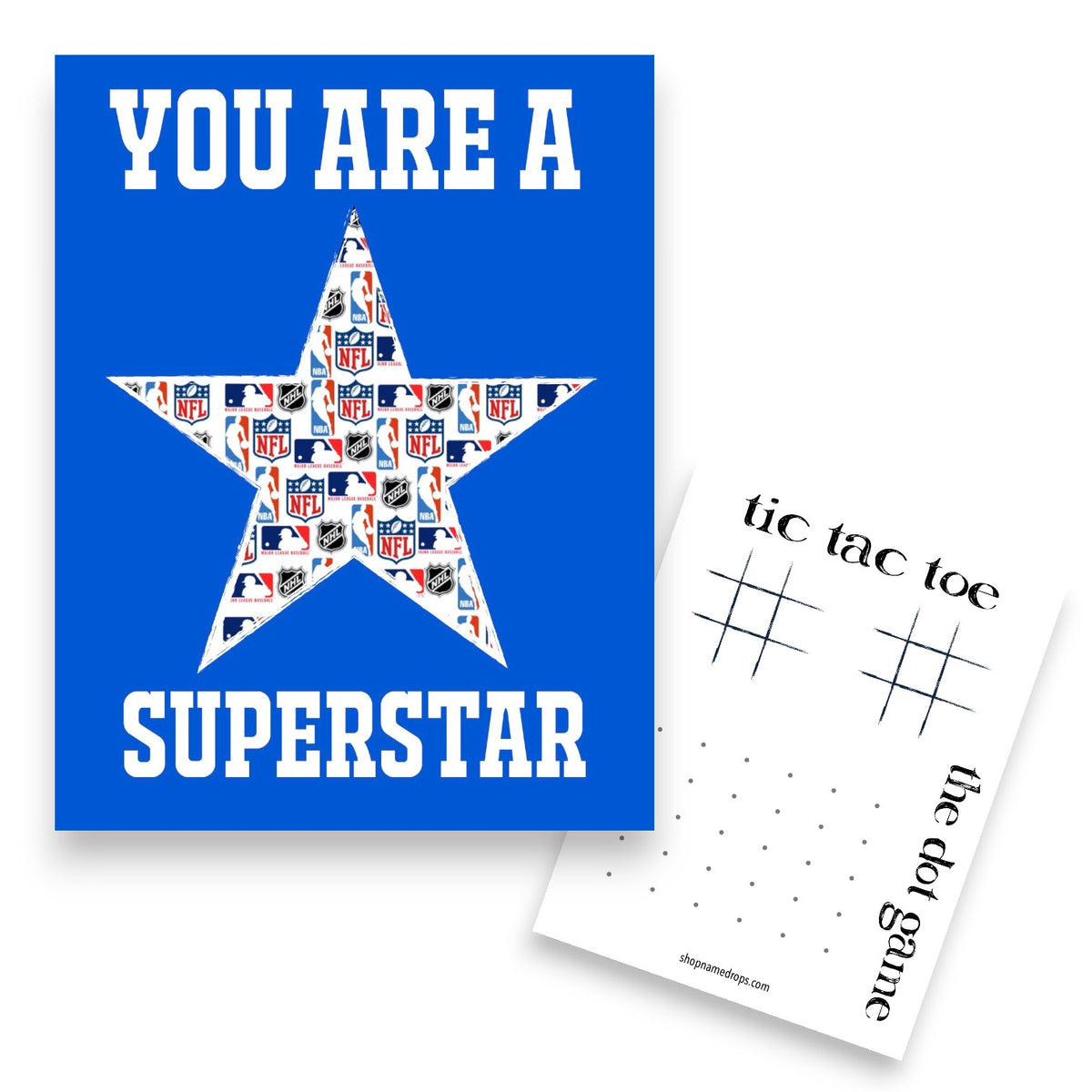 Superstar Fun Camp Card featuring bold white text on royal blue background with star filled with NFL, MLB, NBA, and NHL sports league logos, alongside tic tac toe game card and the dot game card