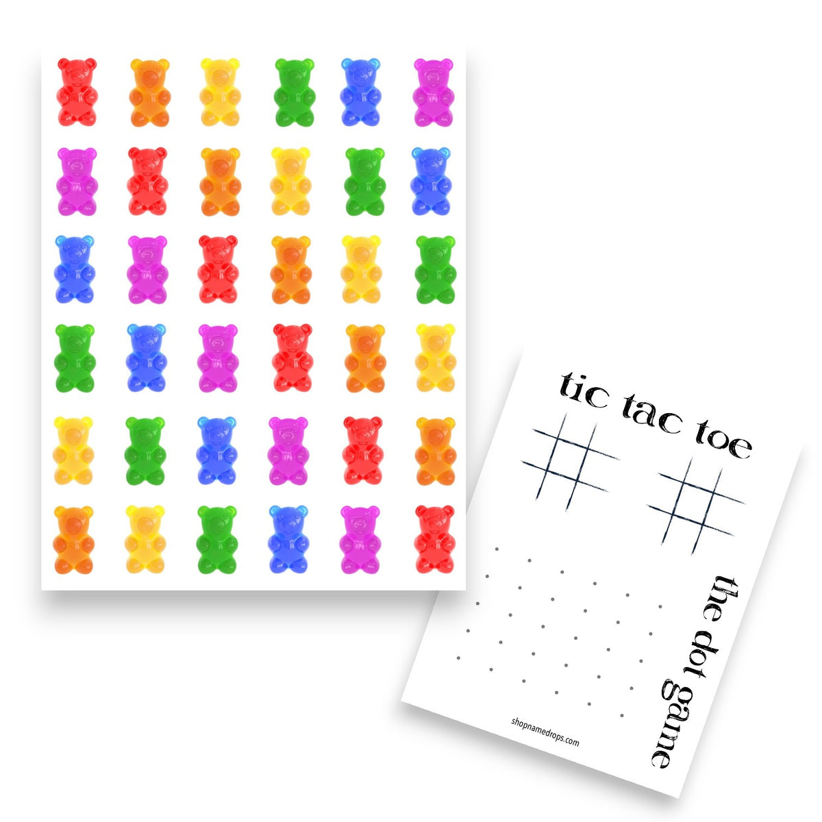 Gummy Bears Fun Camp Card featuring colorful red, orange, yellow, green, blue, and purple gummy bears arranged in rows with tic tac toe game and the dot game printed on white background
