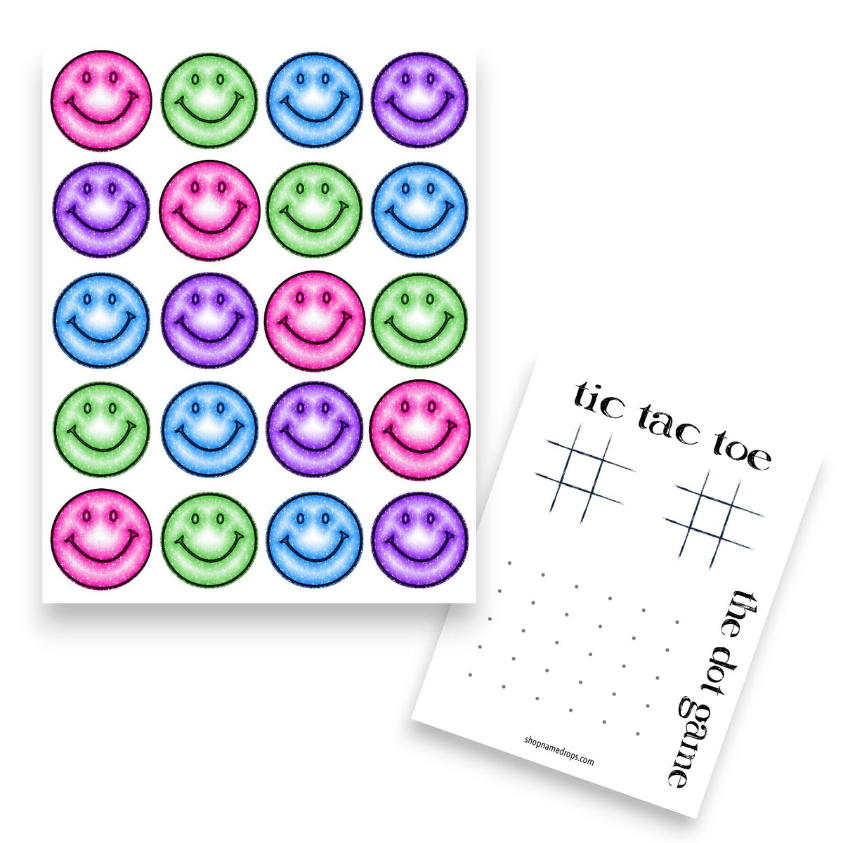 Happy Smiles Fun Camp Card with colorful pink green blue and purple smiley faces arranged in rows on white card, shown with tic tac toe game card and the dot game card