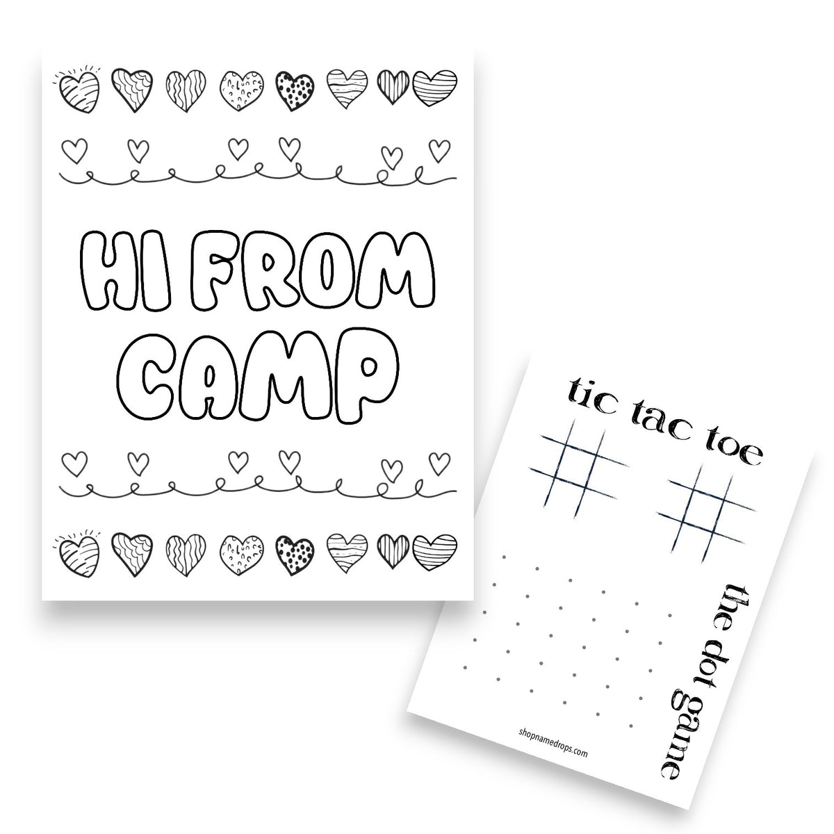 Doodle Hearts Camp Card with markers featuring hand-drawn patterned hearts in various designs at top and bottom, playful bubble letters spelling 'HI FROM CAMP' in center, and decorative heart garland borders, alongside a tic-tac-toe game card and connect-the-dots activity card