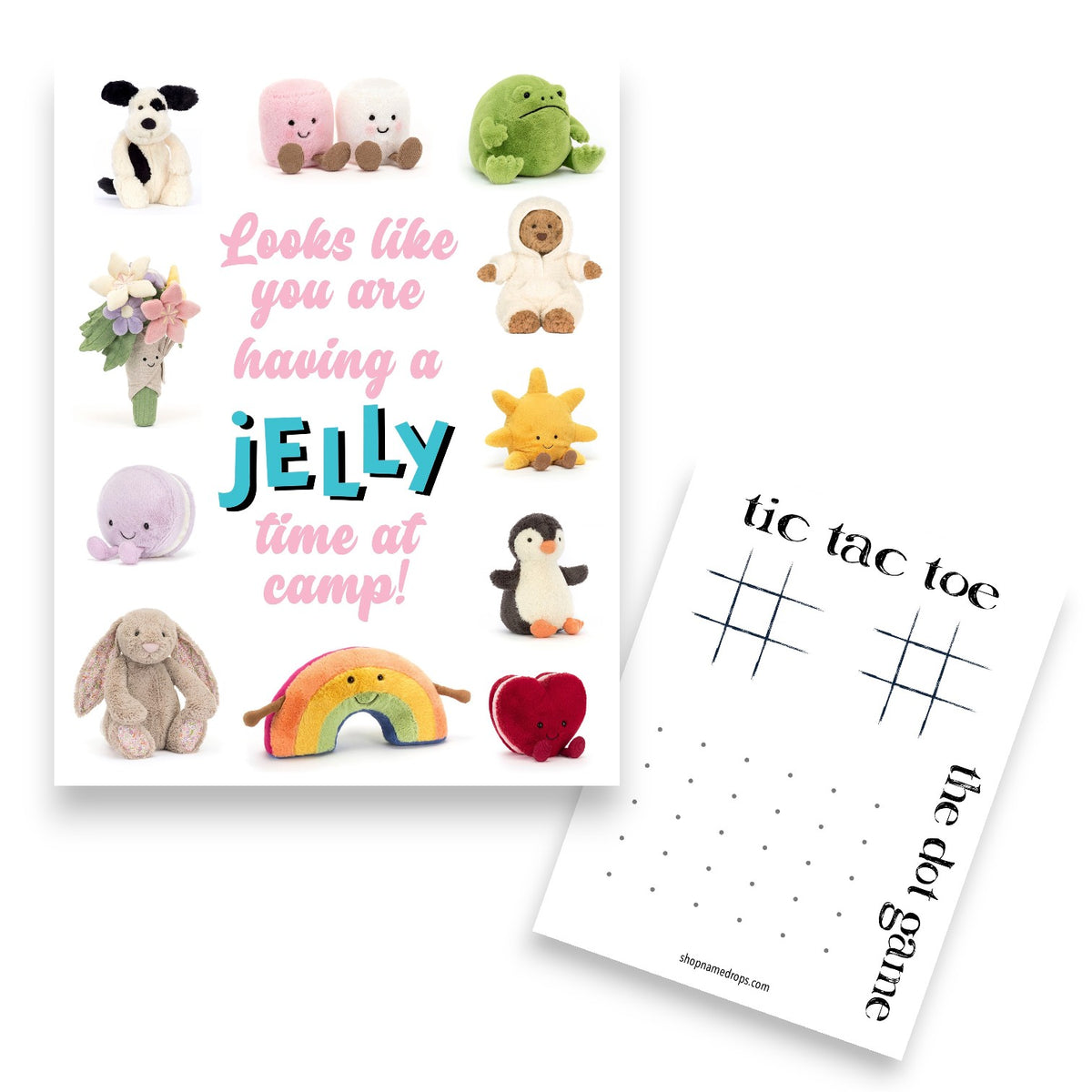 Jellycat Fun Camp Card featuring cute plush characters including dog, marshmallows, frog, flower, sun, penguin, bunny, rainbow, and apple with text saying Looks like you are having a jELLy time at camp, with tic tac toe game card shown behind