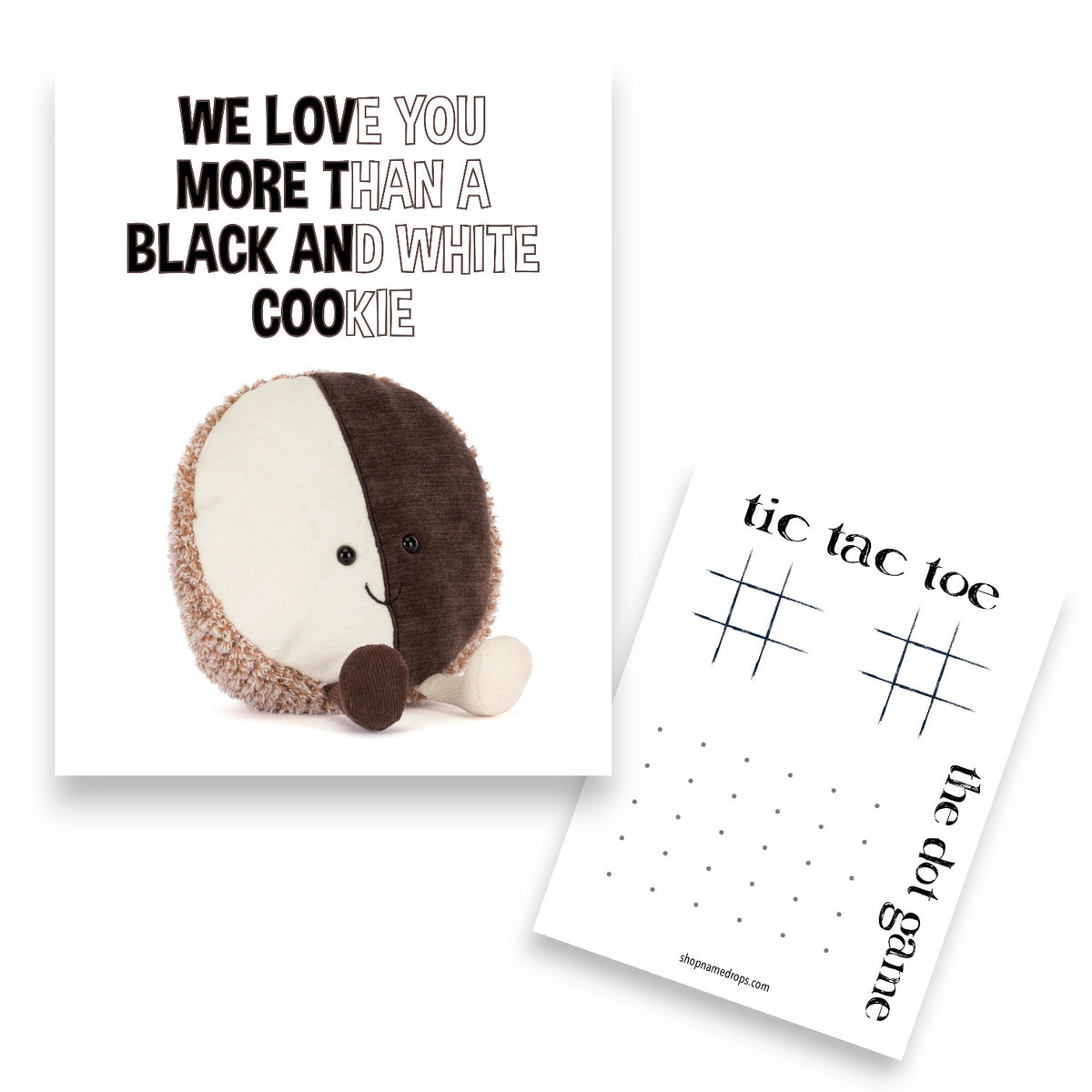 Black and white cookie fun camp card featuring cute plush half-and-half cookie character with smile, includes tic tac toe card and the dot game card