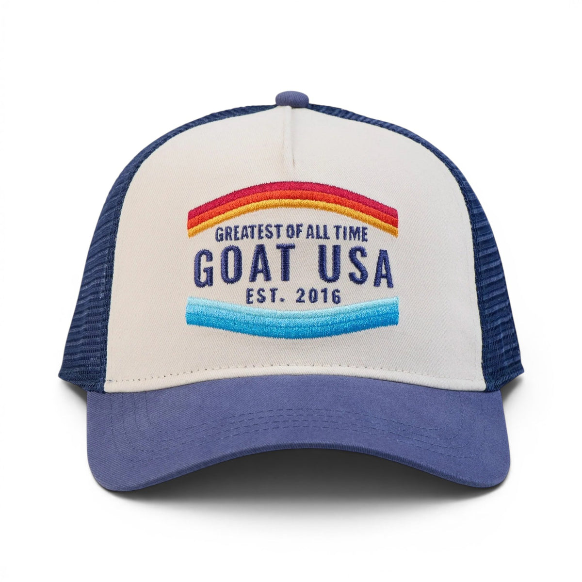 GOAT USA trucker hat in navy and white with retro rainbow graphic and Greatest of All Time Est. 2016 embroidered design, mesh back baseball cap