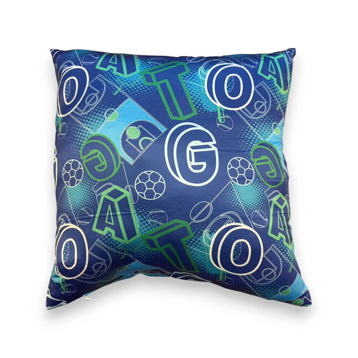 G.O.A.T autograph pillow in blue with white and green letters, soccer balls, and athletic graphics for sleepaway camp bunk signing