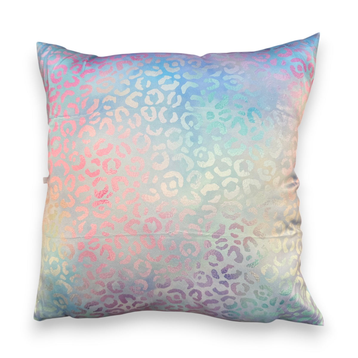 Shimmery iridescent leopard print autograph pillow with holographic rainbow effect and white signature surface for camp bunkmates to sign