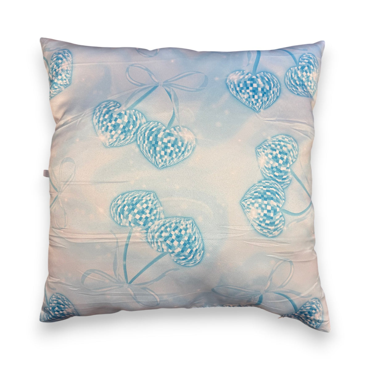 Denim and Diamonds autograph pillow with blue and white checkered heart pattern on soft fabric, perfect for camp bunk signatures