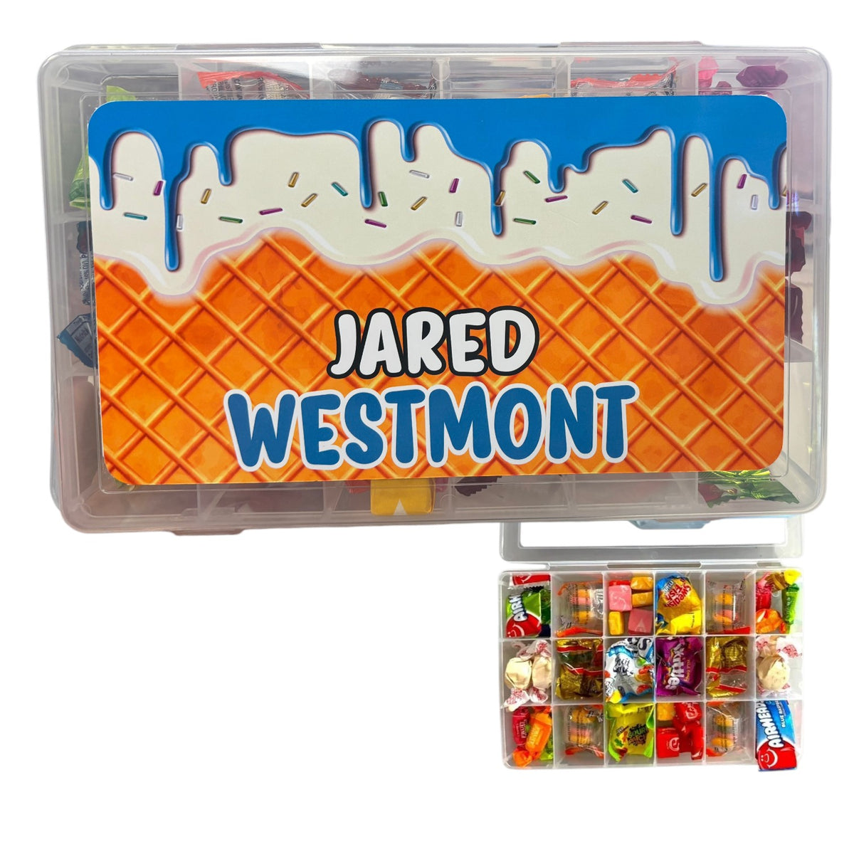 Ballpark Drip personalized candy storage box with clear compartments filled with colorful nut-free candy, featuring ice cream cone design with blue dripping icing and rainbow sprinkles plus custom name label