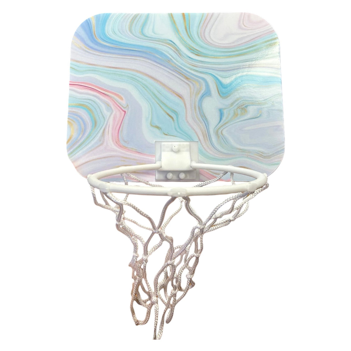Rainbow pastel marble basketball hoop backboard with white hoop and net, featuring swirled blue, pink, yellow and turquoise design