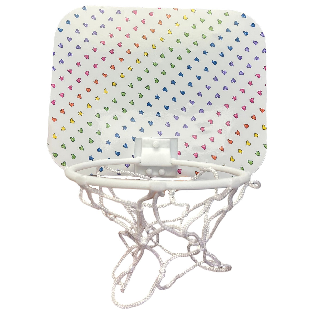Rainbow Remix Grab n' Go Basketball Hoop with colorful rainbow hearts and stars pattern backboard, white hoop and net, includes rainbow swirl basketball
