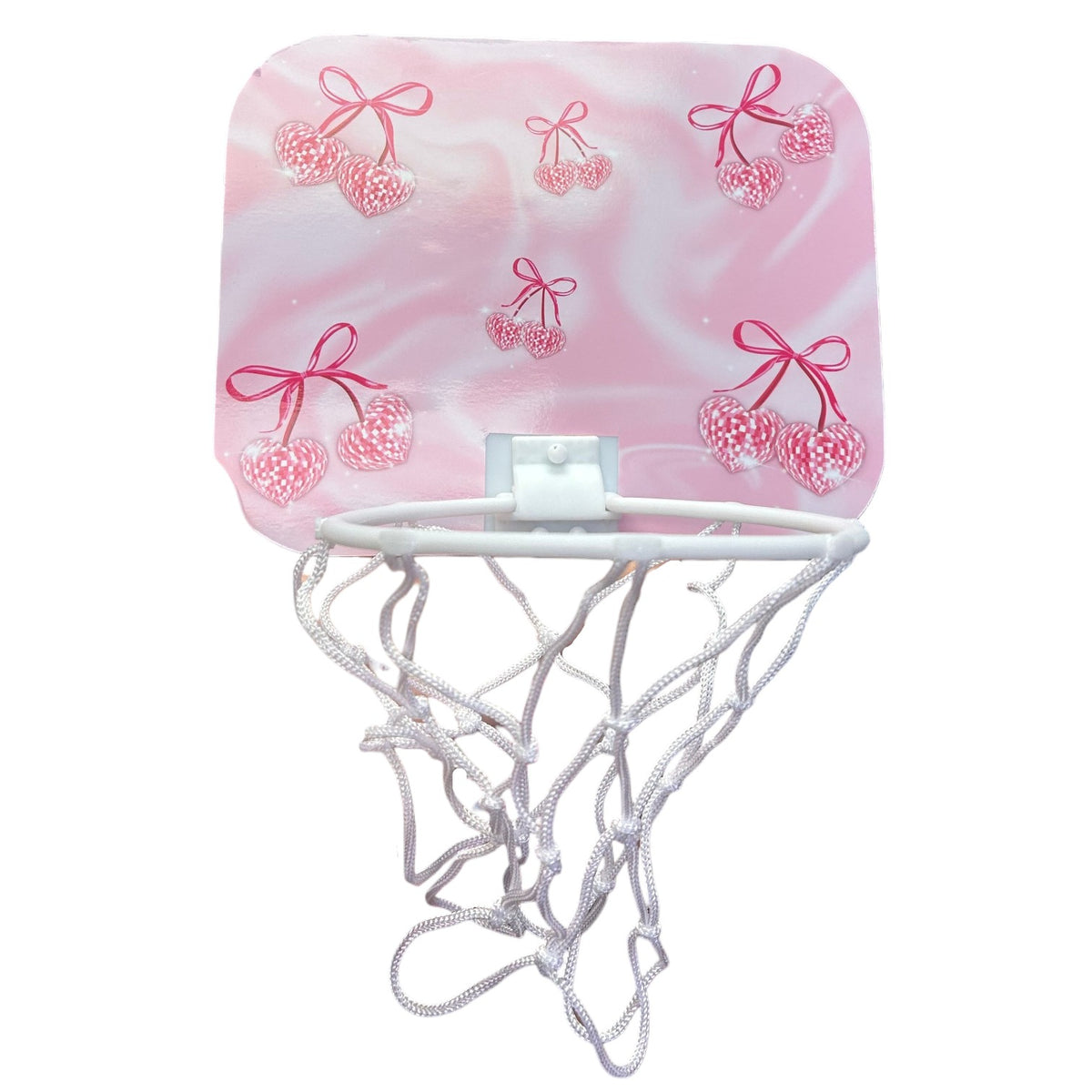 Pink Disco Cherries mini basketball hoop with marbled pink background, white net, and retro checkered cherry pattern with pink bows