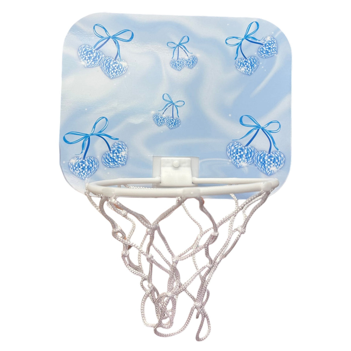 Denim and Diamonds Grab n' Go mini basketball hoop with blue checkered pattern backboard and white net, perfect for hanging in camp bunks