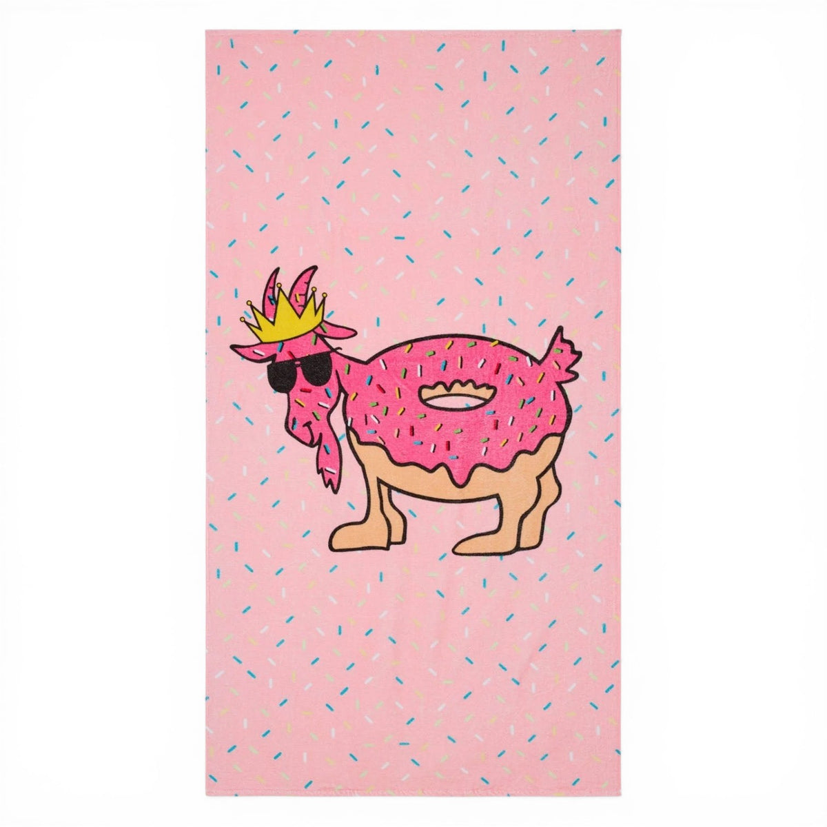 Donut Beach GOAT cotton camp towel featuring pink donut-covered llama wearing yellow crown and black sunglasses on light pink background with colorful sprinkles