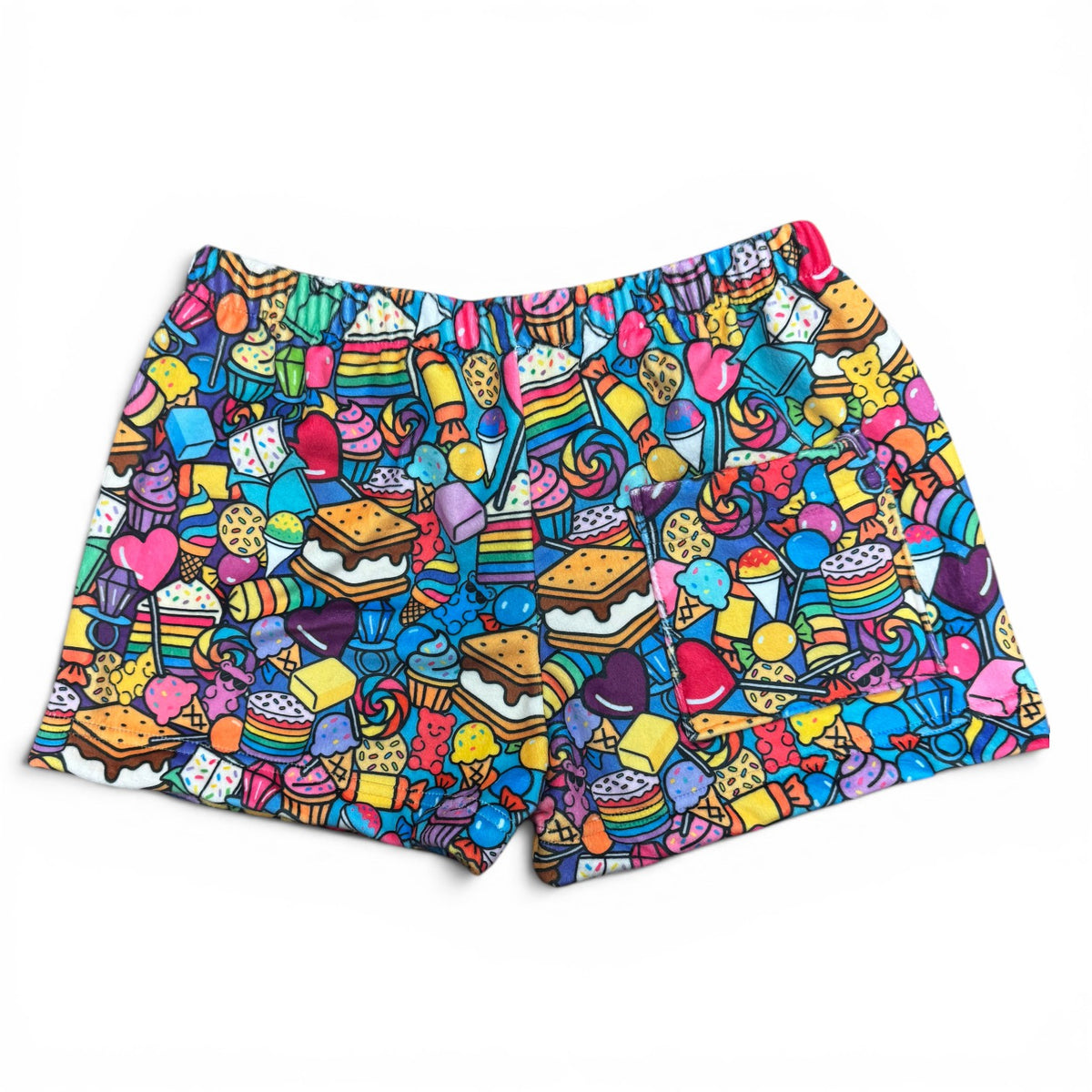 Back view of Tootsie Roll Fuzzy Shorts showing vibrant candy pattern with pink, blue, yellow and orange sweets design