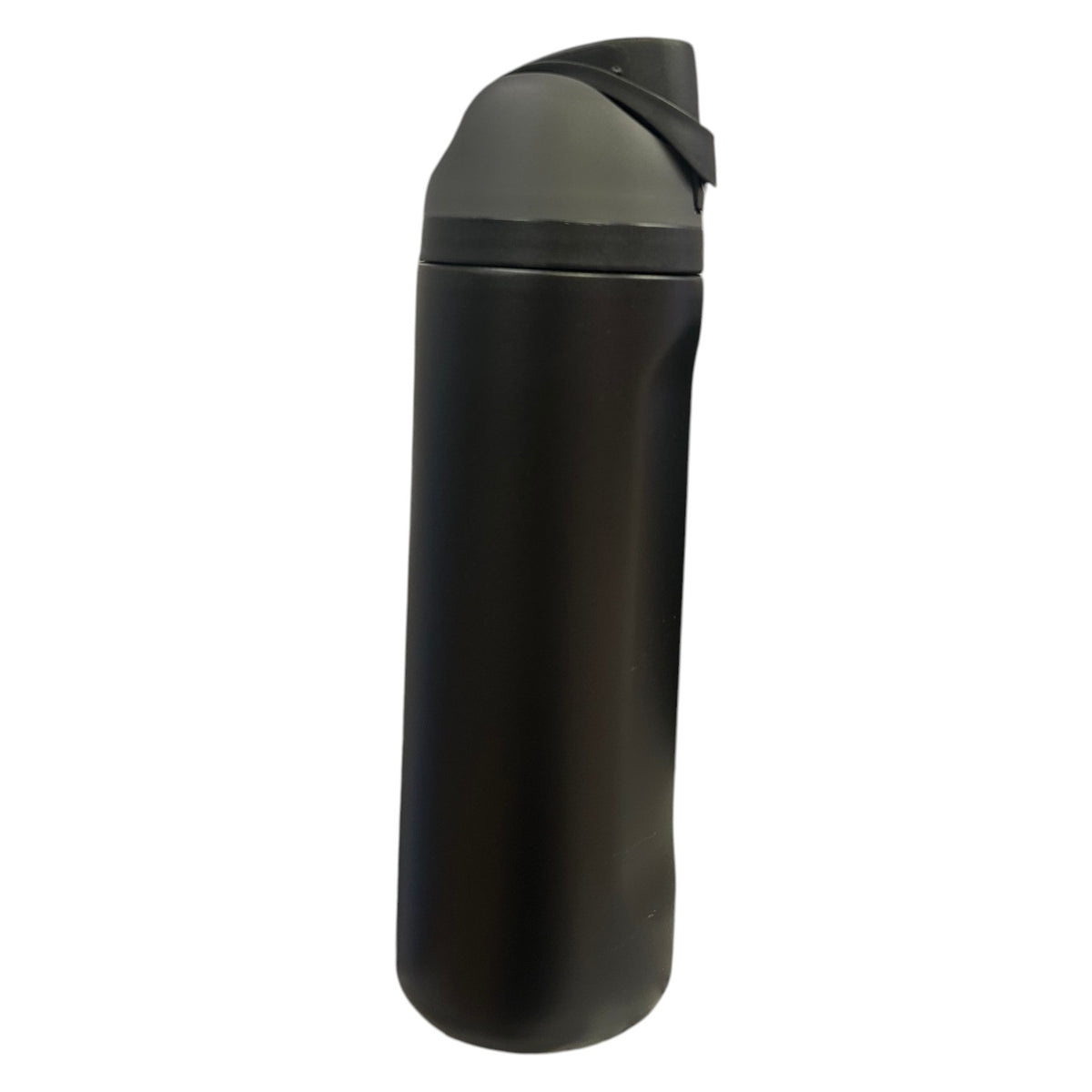 Black Stainless Steel Free Sip Water Bottle with gray and black two-tone lid and flip-top spout shown from side angle