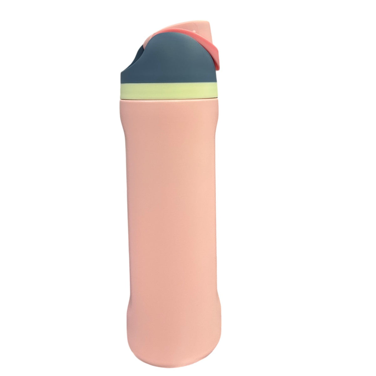Pink Stainless Steel Free Sip Water Bottle with navy, yellow and coral color-blocked lid and flip-top drinking spout