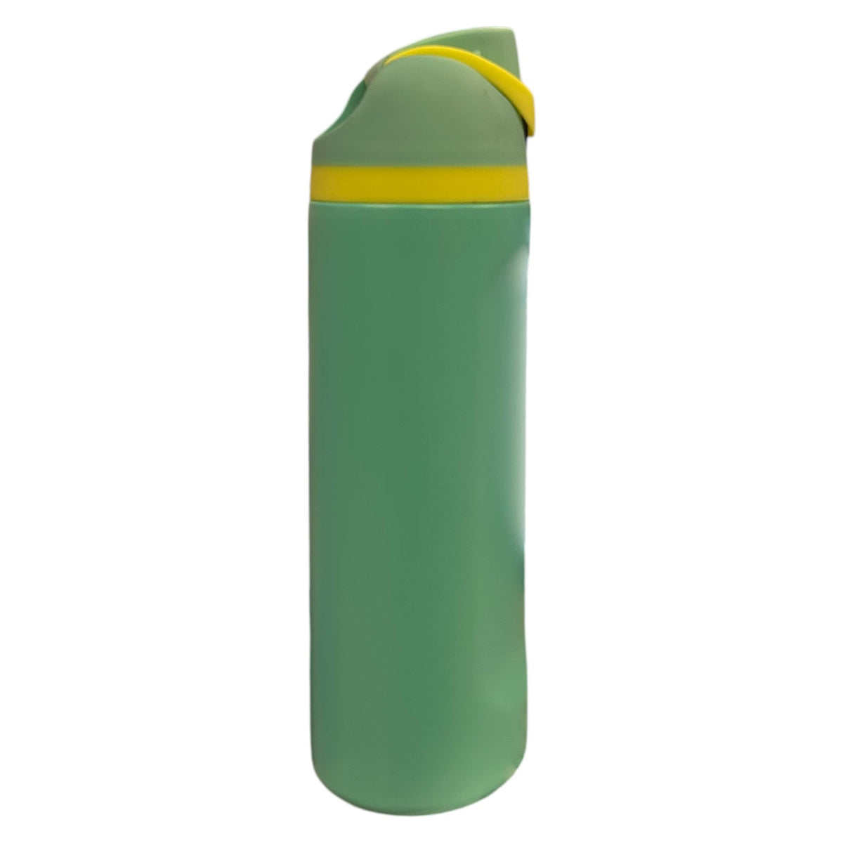 Sage green Stainless Steel Free Sip Water Bottle with yellow stripe detail on flip-top lid shown from side