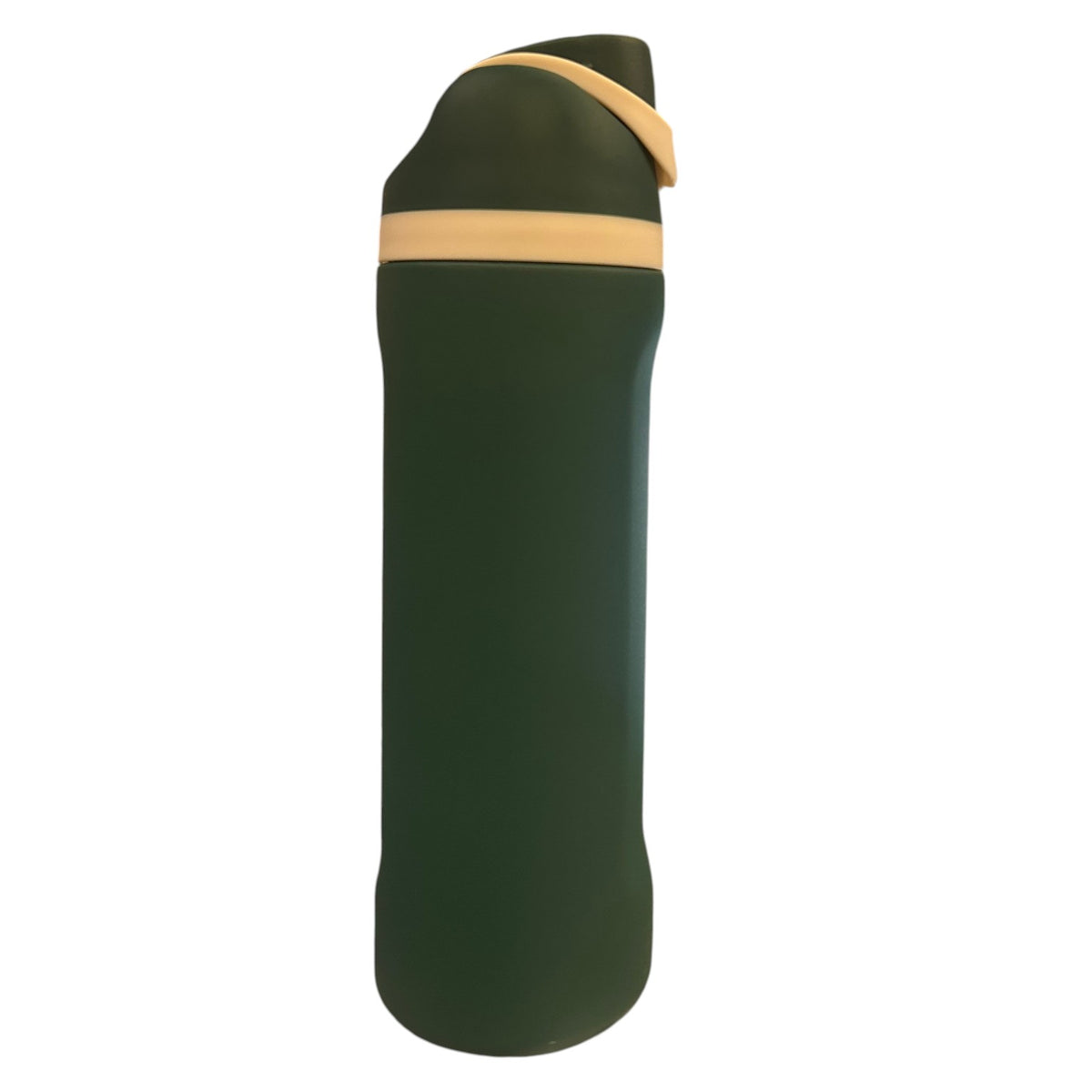 Dark green Stainless Steel Free Sip Water Bottle with tan beige striped lid and flip-top spout for camp