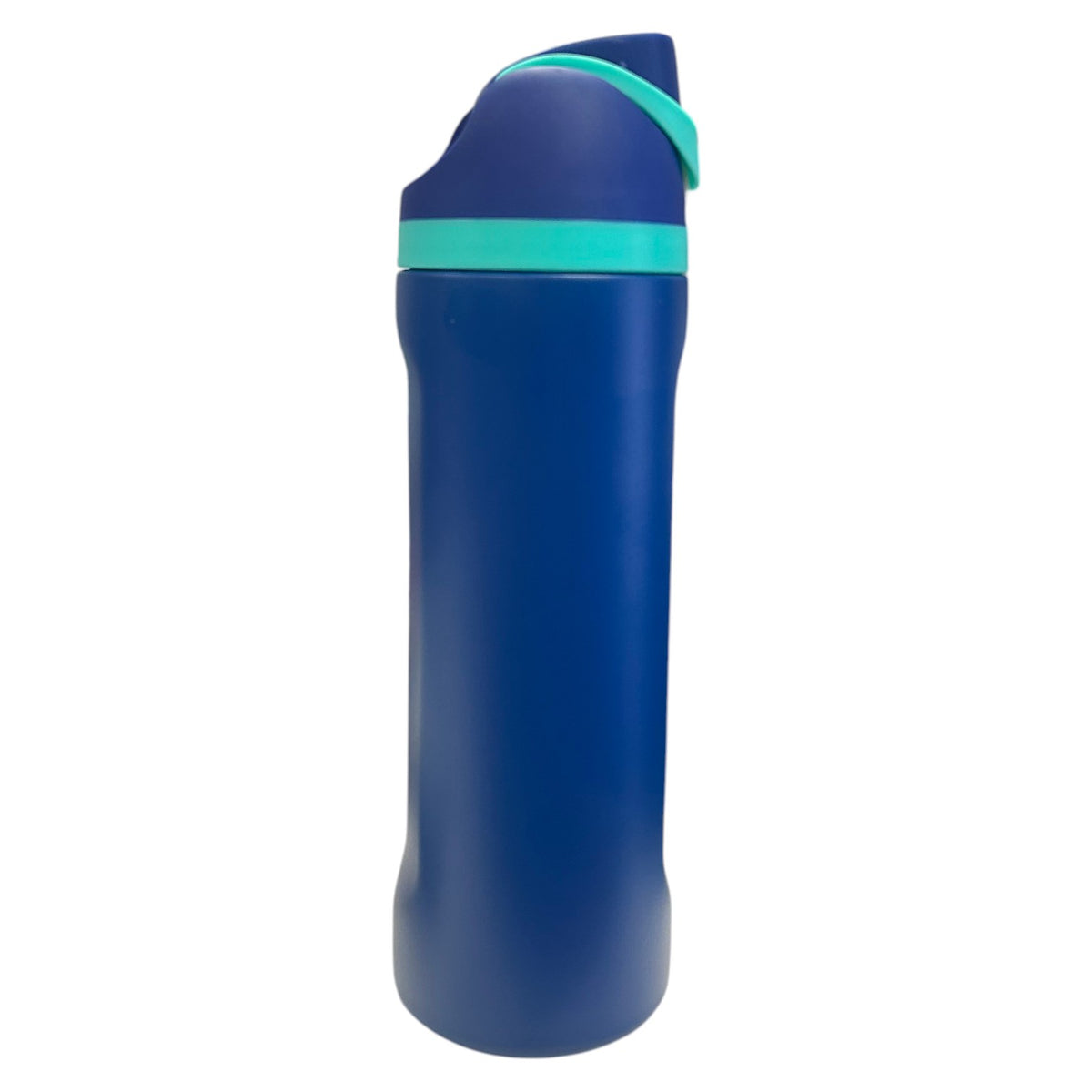 Navy blue Stainless Steel Free Sip Water Bottle with turquoise striped lid and flip-top drinking spout for sleepaway camp